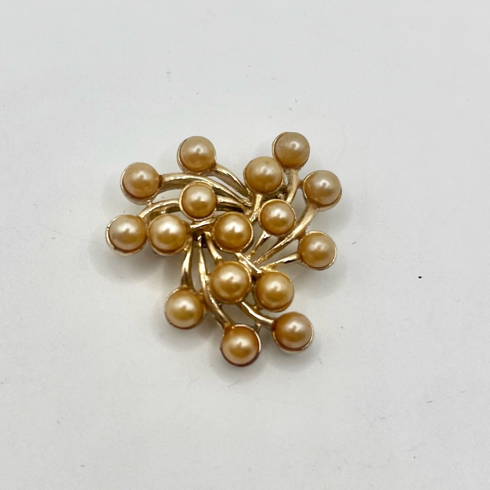 Vintage 1930s Emmons Gold Tone Cluster Brooch Faux Pearls Atomic Starburst Pin